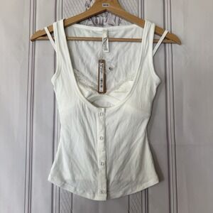 SKIMS Soft Lounge Lace Tank Button Top W/Lace Bralette Marble White Sz XXS NWT